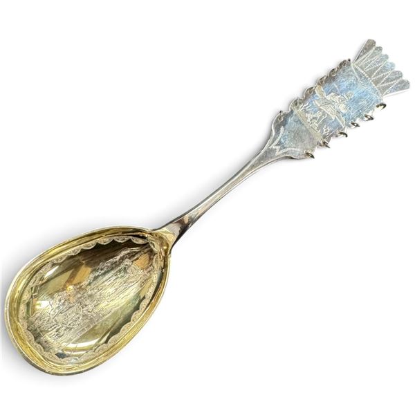1946 Swedish Solid Silver Sami 8.25" Serving Spoon - Engraved with Sami Person and Reindeer - JO mak