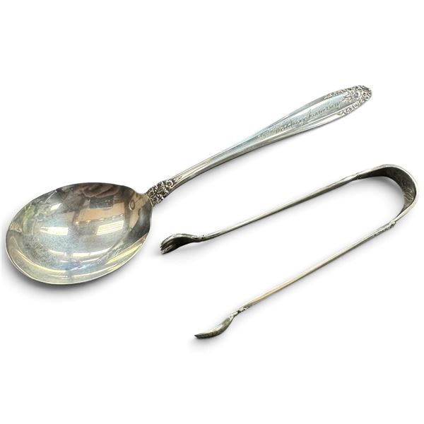 International Sterling "Prelude" Sugar Tongs & Small Sauce (Engraved 25th Anniversary) * Total Weigh