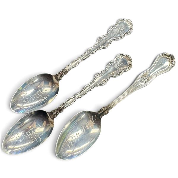 3 Vintage Sterling Silver 5.5" Spoons with Engraved Names in Spoon * Total weight: 50.4 grams