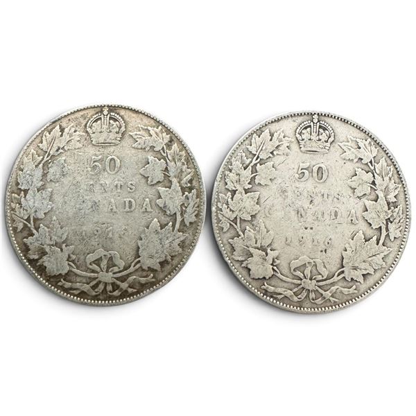 Two 1916 Canadian Silver 50¢ Coins - .925 Sterling Silver King George V Coins - Circulated