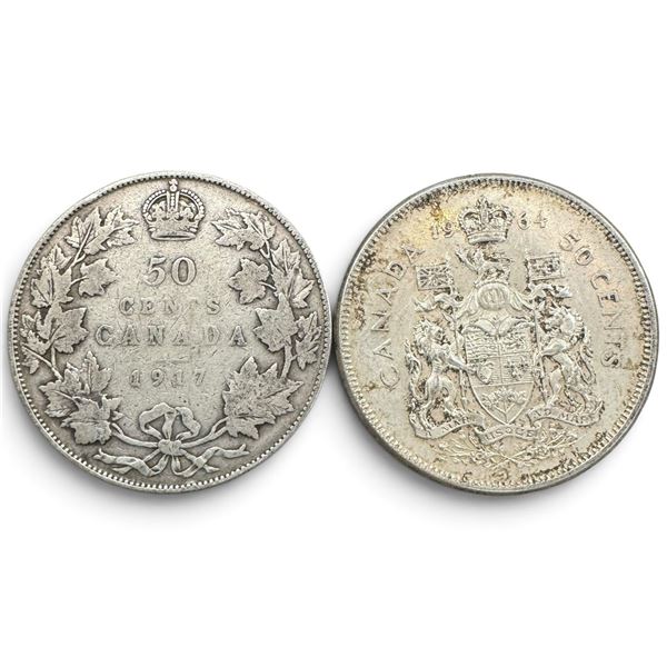 Two Canadian Silver 50¢ Coins - 1917 .925 Sterling Silver Coin, & 1964 80% Silver Coin - Circulated