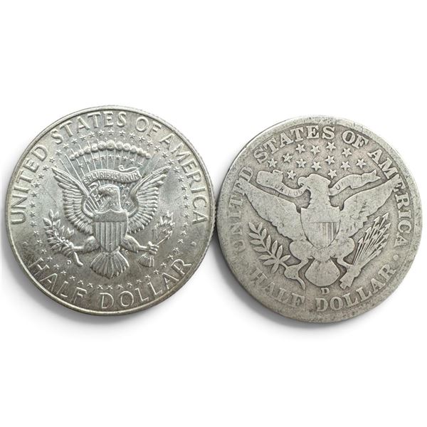 2 US  Silver Half Dollar Coins - 90% Silver - (1907 and 1964) - Circulated