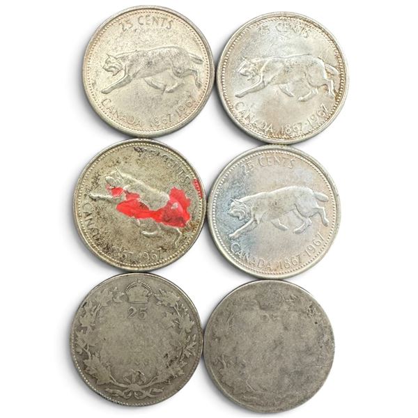 6 Vintage Canadian Silver Quarters - 2 x 1930s (80% Silver) & 4 x 1967 (50% or 80% Silver - both wer