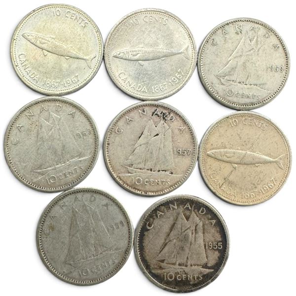 8 Vintage Canadian Silver Dimes - 5 x Pre-1964 (80% Silver) & 3 x 1967 (50% or 80% Silver - both wer