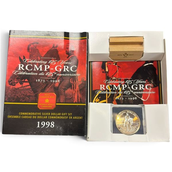 1998 RCMP 125th Anniversary - Silver Dollar Gift Set in Original Box -(BU Dollar with Maple Stand)