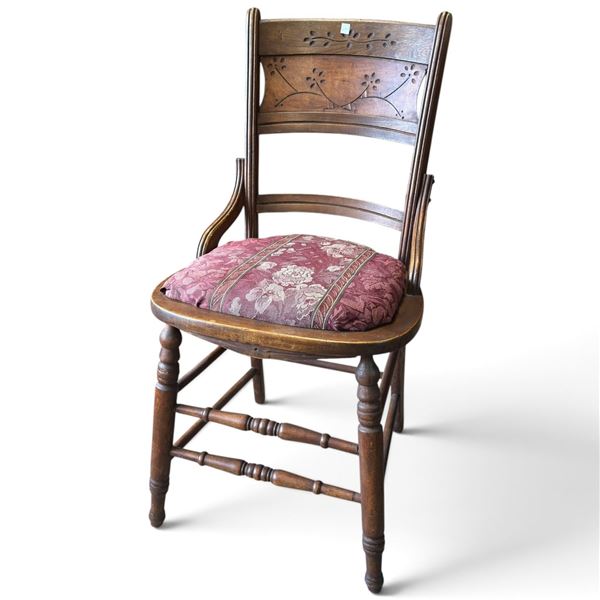 Pierced Floral Wood Armchair with Upholstered Seat & Turned Stretchers (33.5 in.)