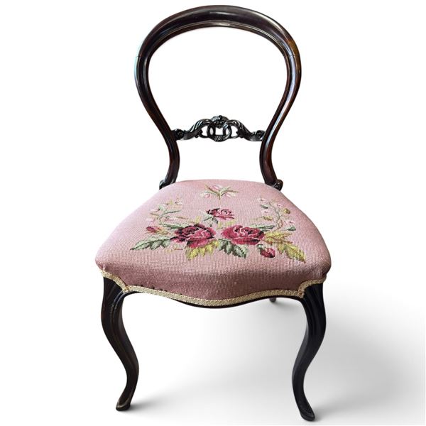 Victorian-Style Carved Wood Balloon-Back Side Chair with Floral Needlework Seat (33 in.)