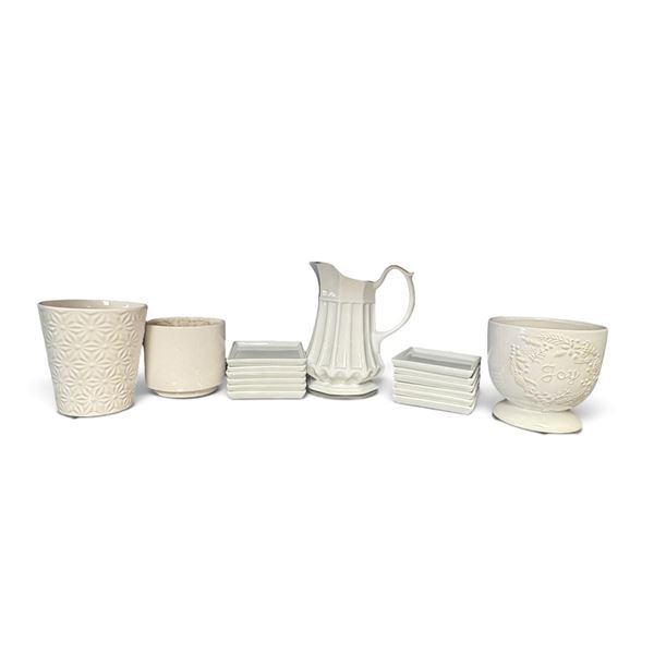 White Glazed Ceramic Pitcher, Planters & 12 Square Dishes (Pitcher 8.5 in.)