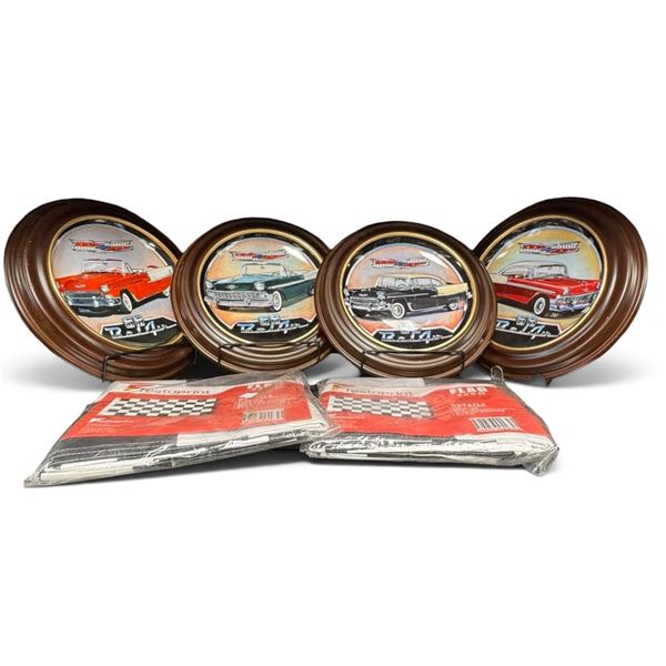 Royal Doulton Franklin Mint Chevy Bel Air Collector Plates & 2 Checkered Flags, 6 Pieces