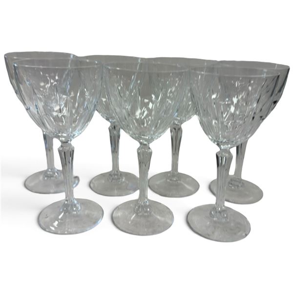 Set of Seven Clear Cut-Pattern Glass Wine Goblets with Faceted Stems & Round Bases