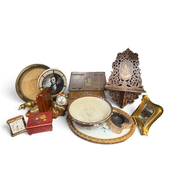Mixed Decorative Arts with Westclox Clocks, Inlaid Boxes, Suribachi, Mirror & Bookends
