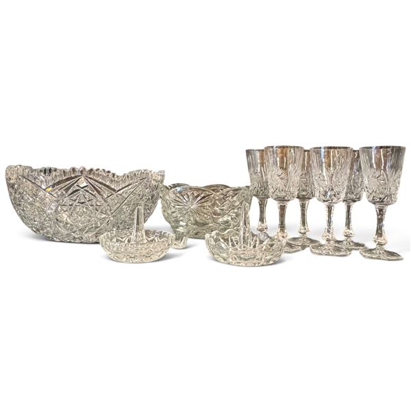 10-Piece Cut Glass Tableware Group with Goblets, Bowls & Ring Holders
