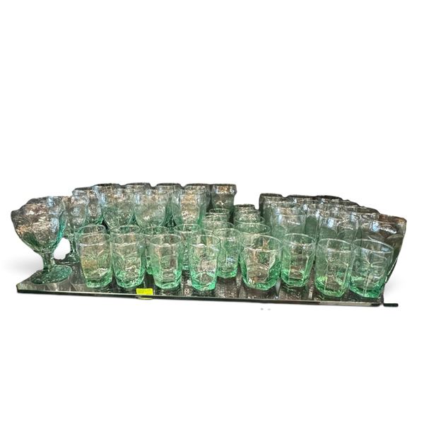Approx. 48-Piece Green-Tinted Textured Glass Drinkware Group with Tumblers & Goblets