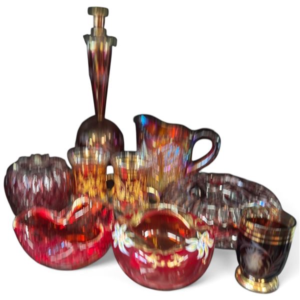 9-Piece Ruby & Amber Iridescent Glass Decorative Tableware Group (10.5 in.)