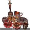 Image 2 : 9-Piece Ruby & Amber Iridescent Glass Decorative Tableware Group (10.5 in.)