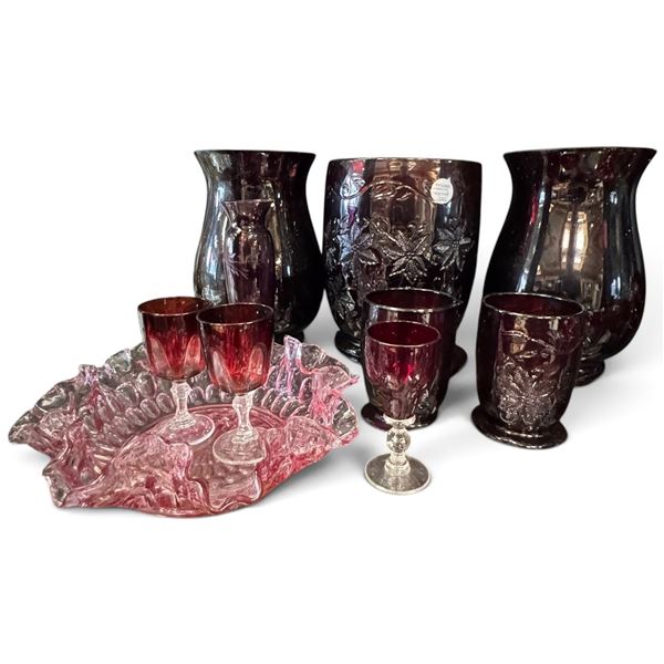 9-Piece Ruby-Toned Glass Vases, Goblets & Leaf Tray, Incl. Princess House Fantasia (7.5 in.)