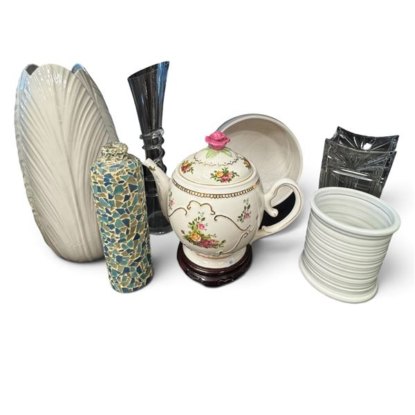 Assorted Decorative Glass & Ceramic Vases, Planters & Lidded Vessel (15.5 in.)