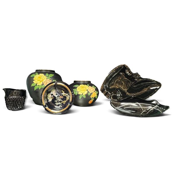 Six-Piece Black Glazed Ceramic Decor Group, Japan & California Marks (7.5 in.)