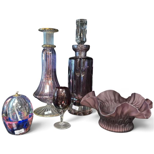Five-Piece Purple Art Glass Group with Decanter, Vase, Goblet, Bowl & Egg Form (12 in.)