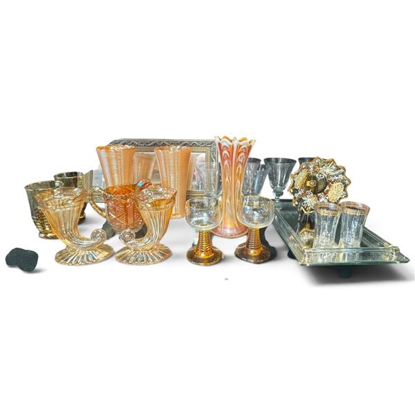Mixed Amber & Smoked Glassware Group with Murano-Labeled Dish & Tray (8.5 in.)