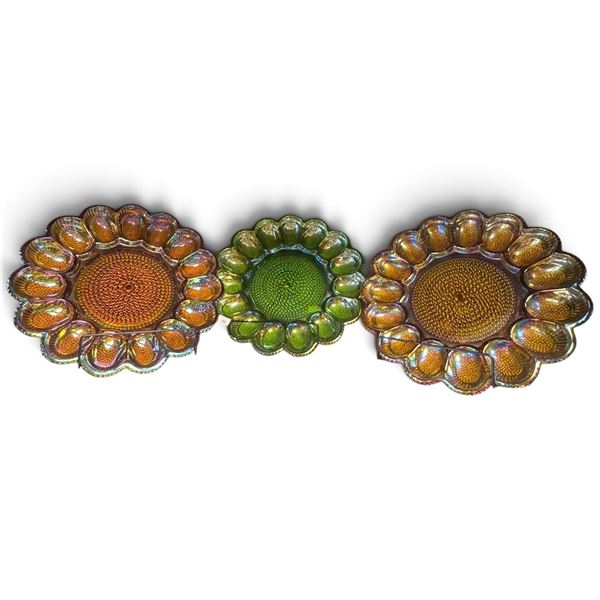 Set of Three Iridescent Carnival Glass Deviled Egg Plates, Amber & Green (10.5 in.)