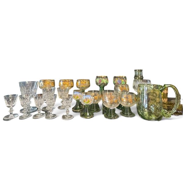 Assorted Green & Clear Cut Glass Stemware, Goblets & Handled Pitcher, Approx. 25 Pieces