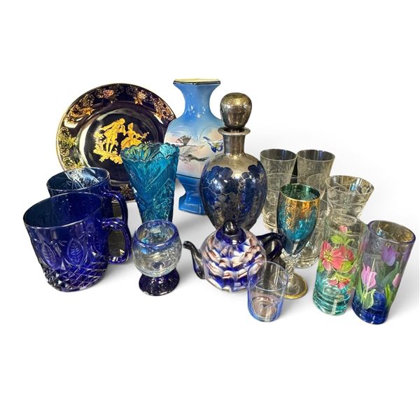 Mixed Blue Art Glass, Pressed Glass & Limoges Porcelain Decorative Group, 16+ Pieces