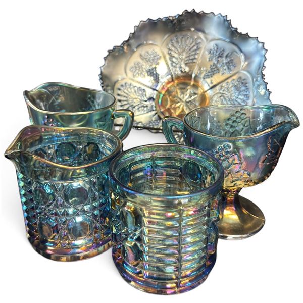 Five-Piece Blue Carnival Glass Group with Peacock Plate & Patterned Vessels (H 9 in.)