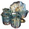Image 1 : Five-Piece Blue Carnival Glass Group with Peacock Plate & Patterned Vessels (H 9 in.)
