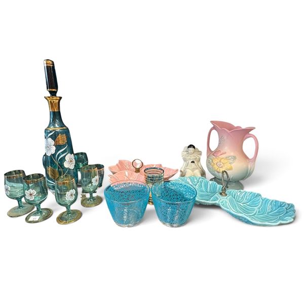 Mixed Glass & Ceramic Tableware, Floral Decanter Set, Leaf Servers & IKEA Glasses (15.5 in.)