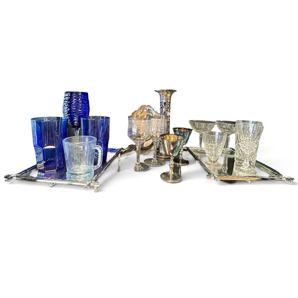 Assorted Cobalt & Cut Glassware, Silver-Tone Goblets, Vase & Mirrored Trays (10.5 in.)