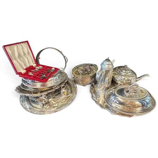 Mixed Birks, Viners & English Silverplate Tea Ware, Trays, Dishes, Sterling & Flatware Group
