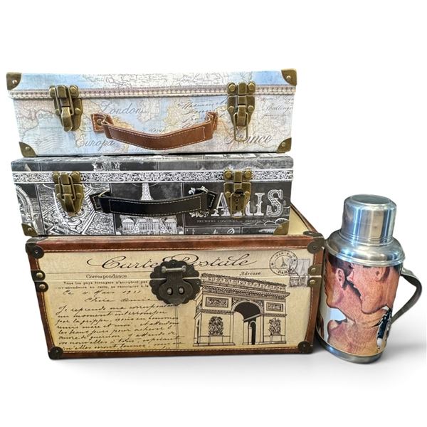 Four-Piece Paris & Travel-Themed Decorative Storage Boxes & Metal Thermos-Style Bottle
