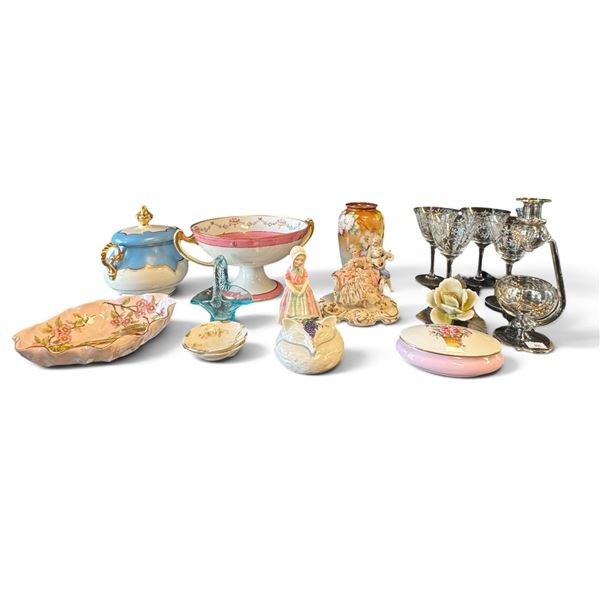 Mixed Porcelain, Bone China, Art Glass & Silver-Tone Decorative Group, Approx. 18 Pieces