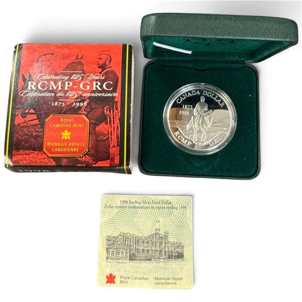 1998 Royal Canadian Mint RCMP 125th Anniversary Sterling Silver Proof Dollar in Case