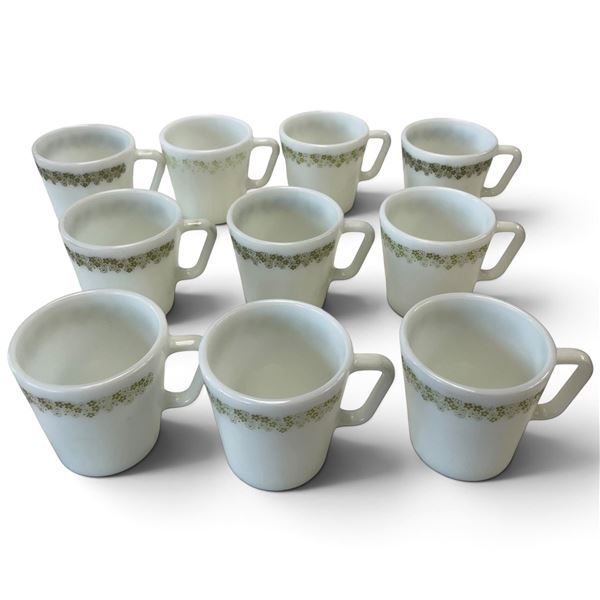 Set of 10 Vintage Pyrex Spring Blossom Green No. 1410 Opalware Coffee Mugs, 300 mL