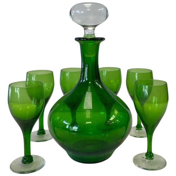 Emerald Green Glass Decanter & Six Stemmed Wine Glasses with Clear Stopper, 8 Pieces