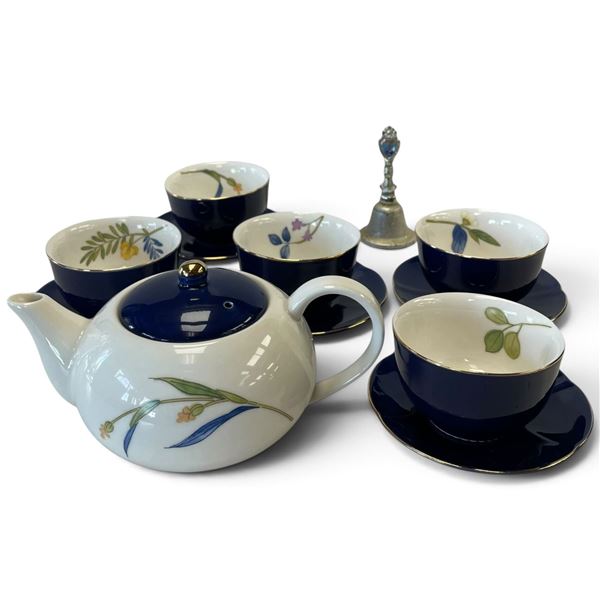 Kansai Cobalt Blue Botanical Tea Service with Covered Teapot & Decorative Bell, 12 Pieces