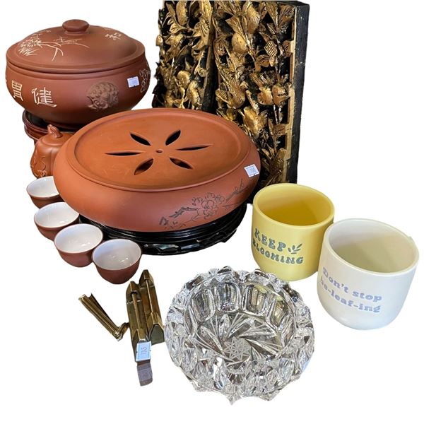 Mixed Asian-Style Terracotta Tea Ware, Gilt Panels, Cut-Glass Bowl & Ceramic Mugs
