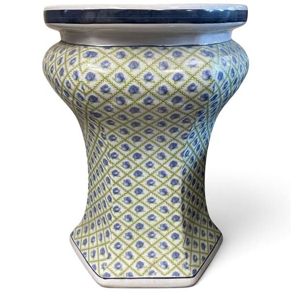 Asian-Style Blue Rose & Lattice Glazed Ceramic Garden Stool or Pedestal (16 in.)