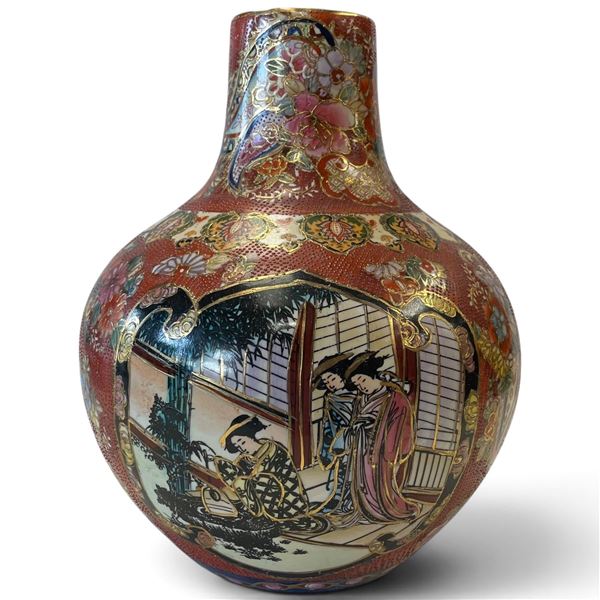 Satsuma-Type Moriage Ceramic Bottle Vase with Figural & Floral Decoration 12" Tall