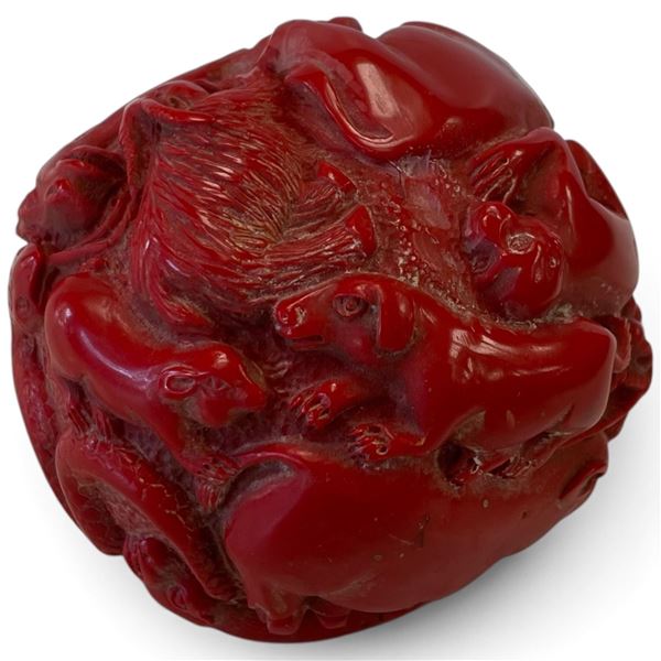 Carved Red Animal & Foliage Decorative Sphere with Allover Relief Decoration