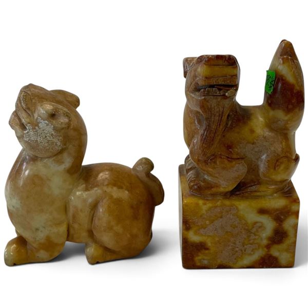Two Chinese-Style Carved Hardstone Mythical Beast Figures, One with Seal-Form Base