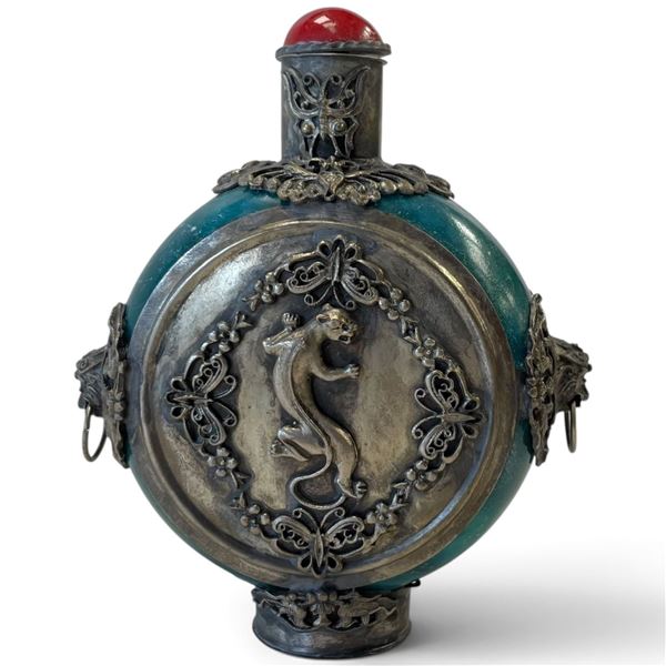Chinese-Style Turquoise Glass & Silver-Tone Metal Scent Bottle with Stopper & Dauber