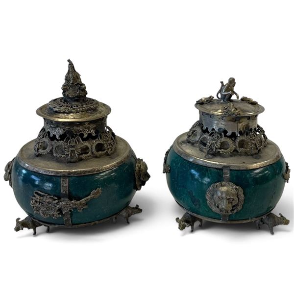Pair Chinese-Style Green Hardstone & Silver-Tone Metal Dragon Covered Boxes