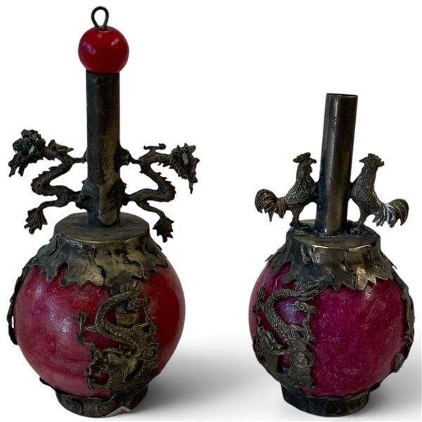 Pair Chinese Red Spherical Scent Bottles with Dragon, Phoenix & Rooster Metal Mounts