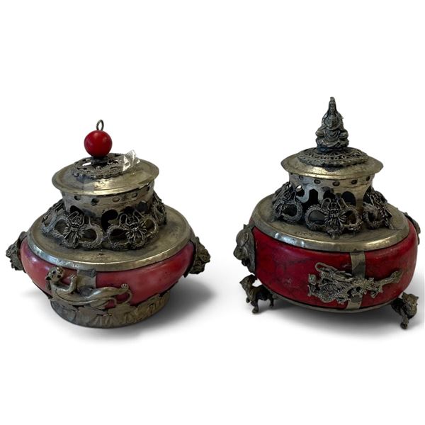 Pair Asian Red-Bodied & Silver-Tone Metal Dragon Covered Censers (4 in.)