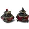 Image 1 : Pair Asian Red-Bodied & Silver-Tone Metal Dragon Covered Censers (4 in.)