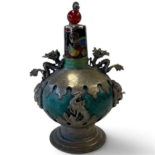 Chinese Cloisonné Enamel & Silver-Tone Metal Scent Bottle with Dragon & Phoenix Mounts 4" Tall
