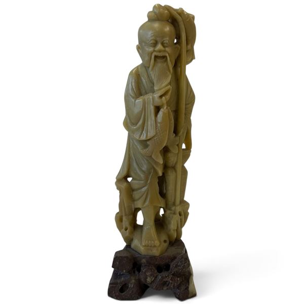 Chinese-Style Carved Green Stone Bearded Immortal Figure with Staff on Dark Stone Stand 10" Tall